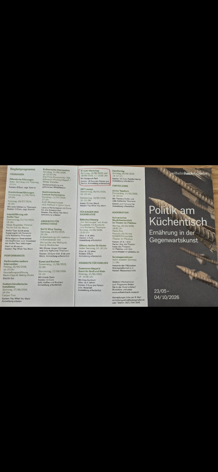 Programm Politik am Küchentisch mit den Terminen der Kimchi-Workshops im Wilhelm-Hack-Museum