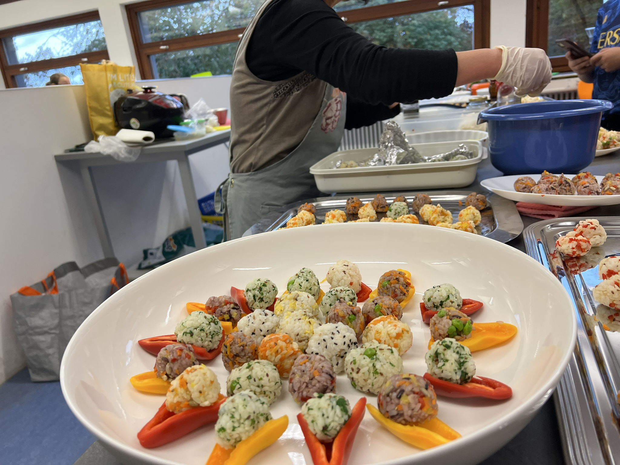 Colourful Jumeokbap made with vegetables and different rice varieties